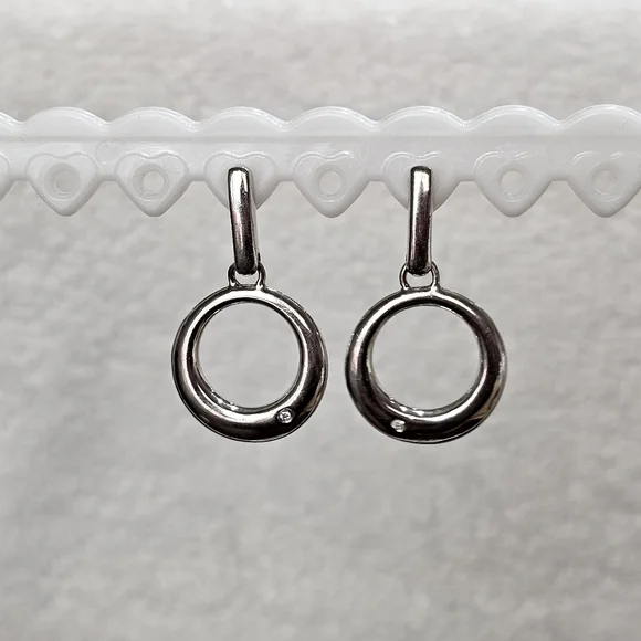 Vintage 925 Silver Circle Drop Earrings with Diamonds - Picture 3 of 12